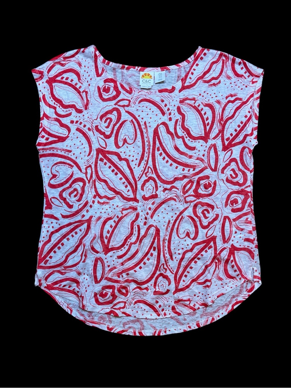 C&C California 100% Linen Sleeveless Shirt Tank Top Red White Abstract Print M
